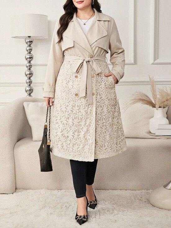 Jackets & Blazers - Apricot Casual Women's Elegant Plain Lapel Double-Breasted Trench Coat
